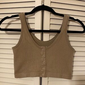 Ribbed Khaki Green Button-Up Crop Top